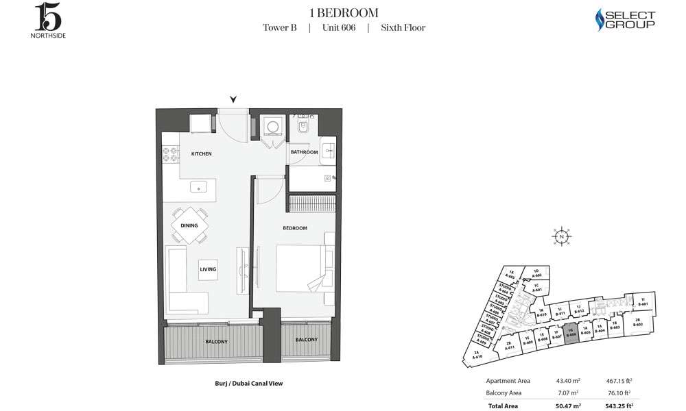 Tower B, 1 Bedroom, Unit 606, Sixth Floor